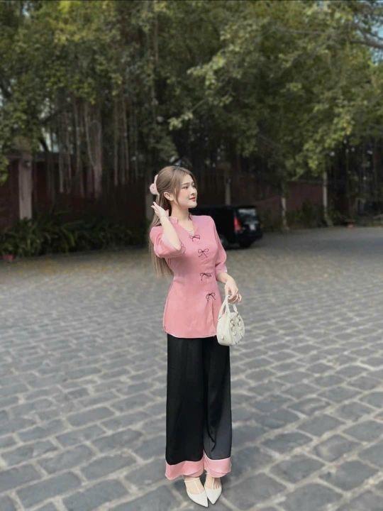 Product Introduction of Sét bộ lam đi chùa vải phối màu, 2 dây buộc eo,4 màu y hình, vải tuyết nhung mềm mịn,  Kem WomenNữ Áo ht15 12
