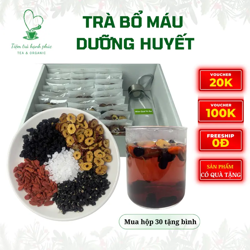Trà Bổ Máu Dưỡng Huyết 18Gr (Hắc kỷ tử, kỷ tử đỏ Ninh Hạ, dâu tằm sấy lạnh, táo đỏ thái lát Tân Cương, đường phèn) qùa tặng 8 tháng 3 Tea Chè 0