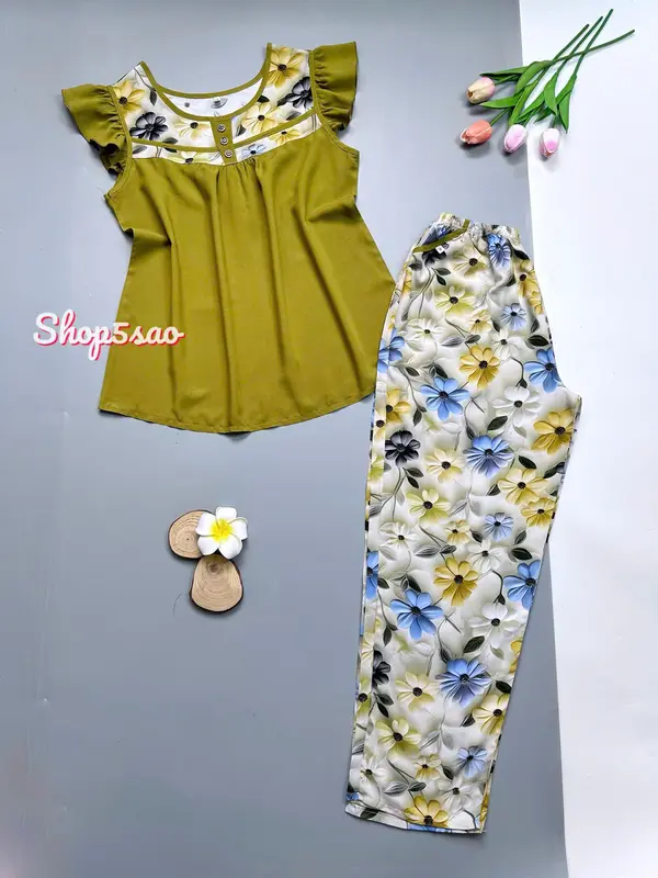 Bộ lanh mặc nhà, đồ bộ tole nữ SHOP5SAO phối màu cao cấp,quần dài (58-75kg) Women Đồ mặc nhà 2