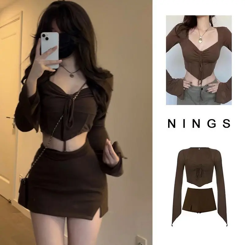 Pure Desire New American Hot Girl Hem Irregular Pleated Chest Long Sleeve Top and Skirt Midriff Outfit Suit