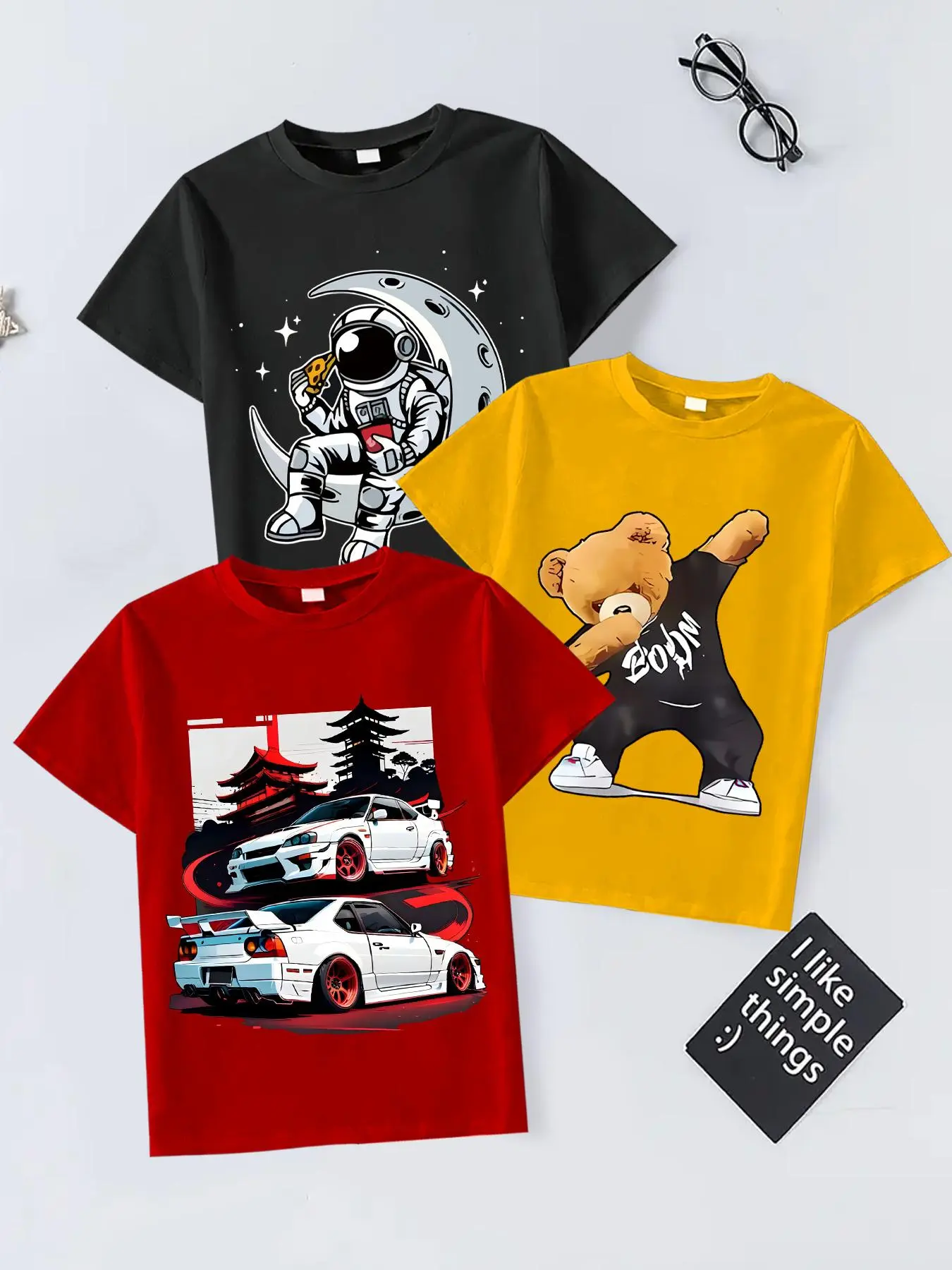 Toddler Boy's Cartoon Bear & Car Print Tee, Casual Short Sleeve Round Neck T-shirt for Summer, Kids Clothes for Daily Wear