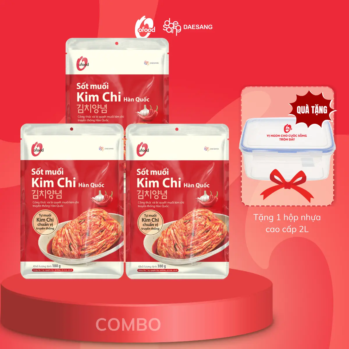 Combo 3 gói sốt muối kim chi O'food 180g / gói Tặng 1 hộp nhựa cao cấp 2L