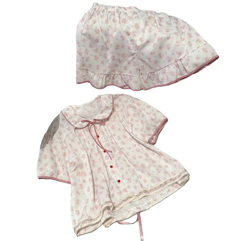 N89- pijama cộc đùi cho nữ  (Women ) cổ bèo hoa nhí tiểu thư hồng- bộ ngủ mặc nhà hàng quảng châu cao cấp Quần Ngủ Nho