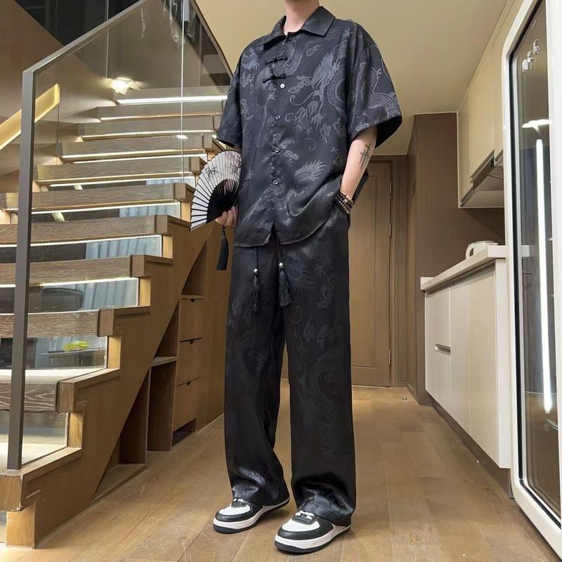 Product Introduction of Chinese Style Dragon Pattern Jacquard Men's Short Sleeve Top & Pants Set - New Asian Trendy Loose Straight & Tapered Outfit |     Summer Breathable Comfort 2