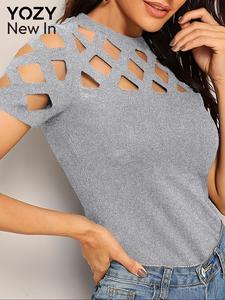 YOZY Women's Plain Hollow Out Tee, Casual Elegant Crew Neck Short Sleeve T-shirt for Summer, Ladies Clothes for Daily Wear, Top