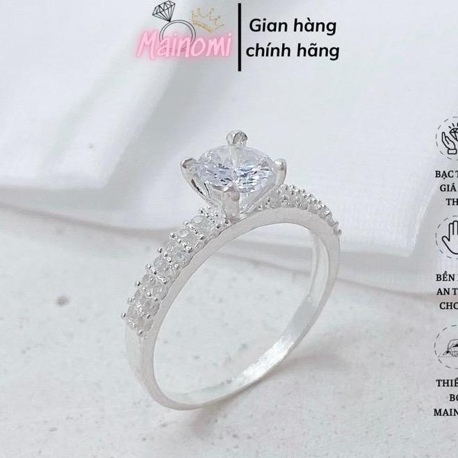 Nhẫn đá cao 4 chấu 2 hàng bạc ta MAINOMI siêu đẹp chính hãng