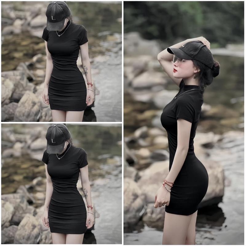 ￼Váy đen ôm body tôn dáng sexy chất thun tăm co dãn, Đầm suông dáng ngắn cá tính đi chơi dự tiệc phong cách hàn quốc size S M L Nữ Women váy 0