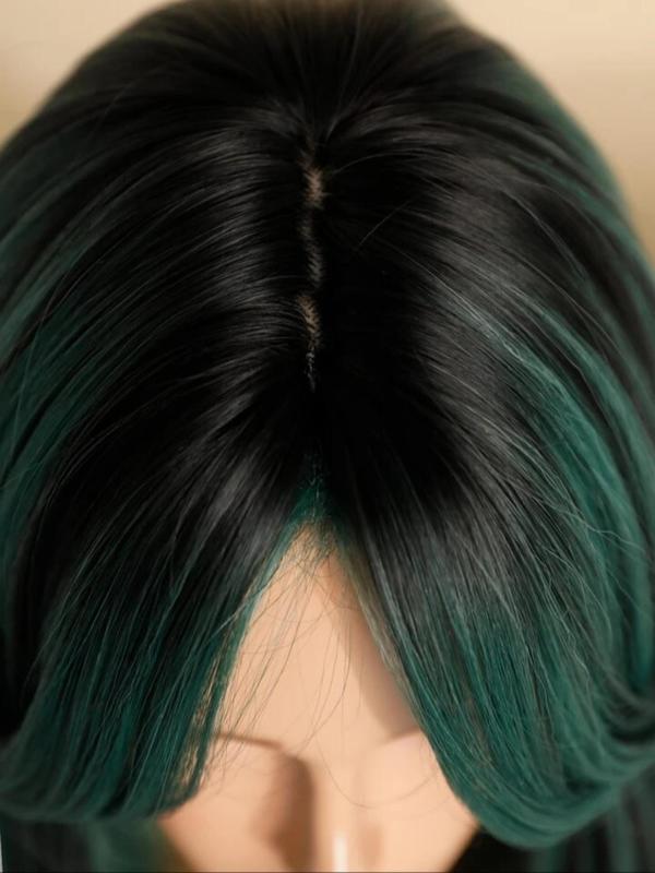 24 Inch Green Gradient Color Long Layered Wigs for Women, Striking Natural Fluffy Hair Wigs with Curtain Bangs, Synthetic Hair Wigs for Party, Daily Use 3