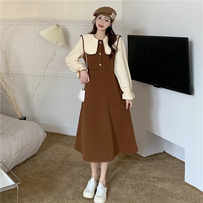 # 350 Official Figure Corduroy plus Size French Style Doll Collar Dress Women's Fake Two Pieces Plump Girls Waist Slimming Vintage Skirt Casual Womenswear