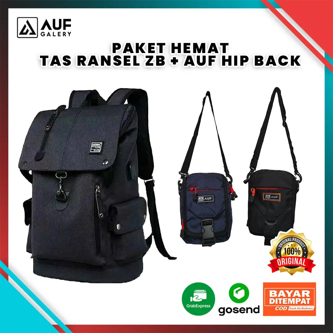 Paket Kombo Hemat Tas Punggung Pria Ransel ZB + Tas Selempang Pria Auf Hippack