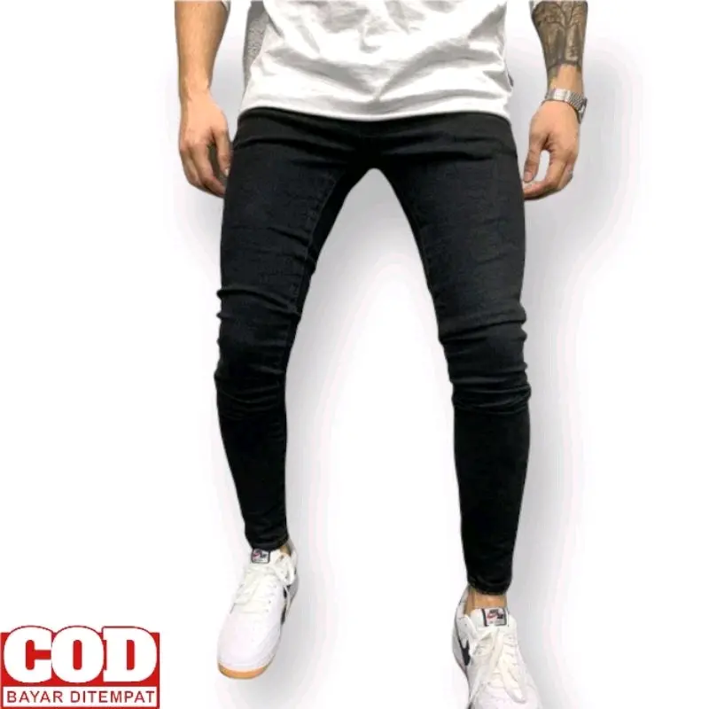 Celana jeans pria hitam super skinny Slim-fitting Stretch Panjang Soft Slim Nyaman
