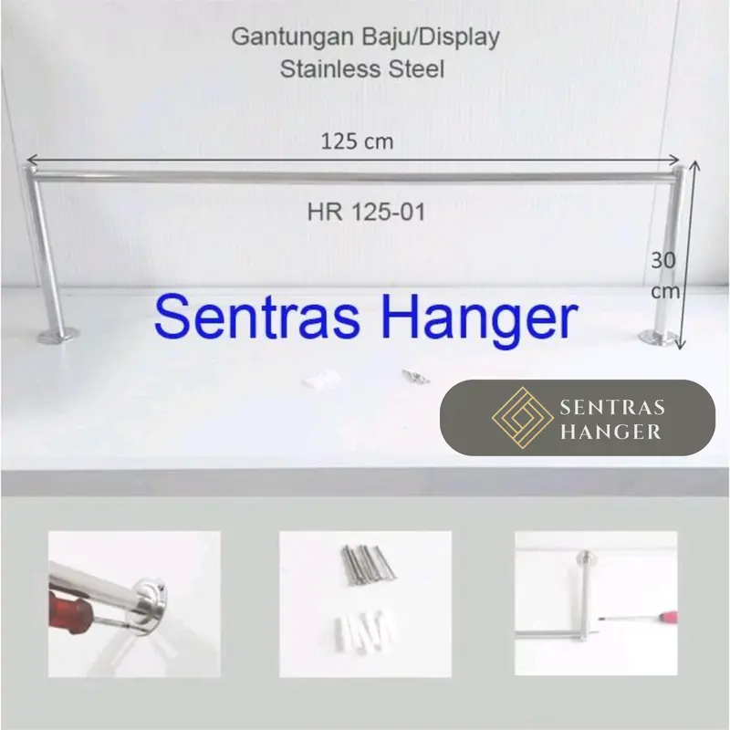 Gantungan Baju Klasik Stainless Steel 125 cm, 1 Baris Tempel Dinding Anti Karat Hanger 2