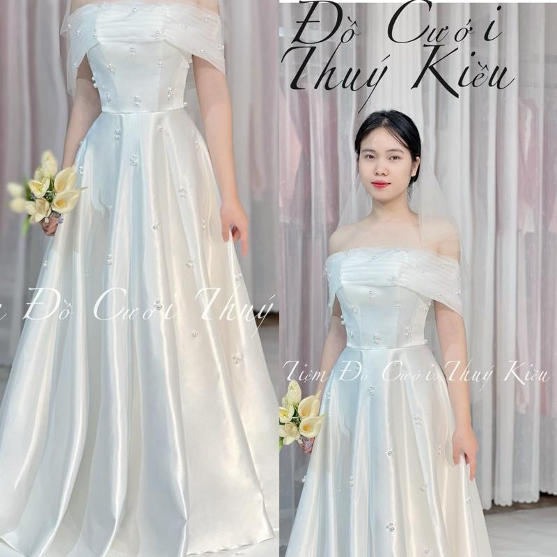 VÁY CƯỚI, VÁY ĐI BÀN CÔ DÂU CHẤT PHI VAI NGANH ĐÍNH NGỌC SANG