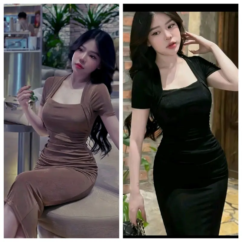 Đầm body dáng dài ôm gọn, tay ngắn chất thun co giãn thoáng mát nâu và đen 4