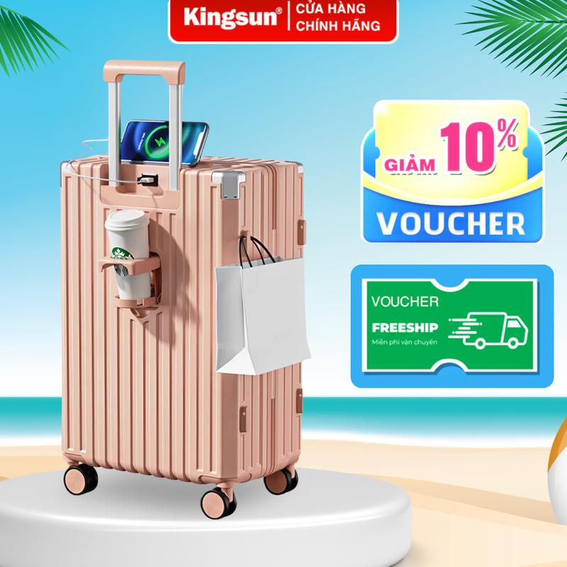 Vali Khóa Kéo KINGSUN 302 T01 Size 20 24 28 Nhựa ABS+PC cổng sạc USB+khay đựng cốc+móc treo đồ 4 bánh xoay 360 hành lý chống trộm bảo hành 5 năm