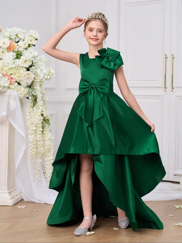 Girl's Floral Decor Mesh Bow Gown Dress, Elegant Formal Party Dress for School Performances & Evening Parties, Kids Clothes for Summer 6