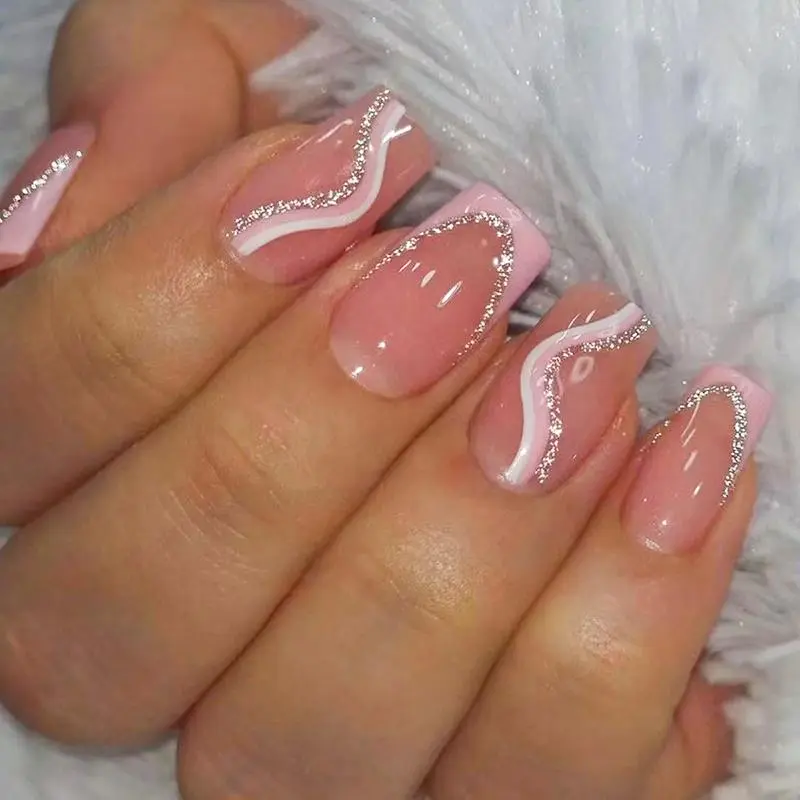 Colorblock Strip Design Press on Fake Nail for Women & Girls Nail Art, 24pcs/set Glitter Fashion Press on Nails & 1 Sheet Tape & 1 Count Nail File, Elegant Stick on Nails Kit for Women's Gift
