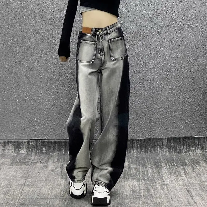 Quần Denim Cạp Cao Dáng Suông, Thiết Kế Màu Xám Đen, Dành Cho Nữ, Hàng Mới Về Thu Đông, Bó Sát, Dễ Phối Đồ, Ống Rộng, Phong Cách Lùi Hè, Hợp Xu hướng