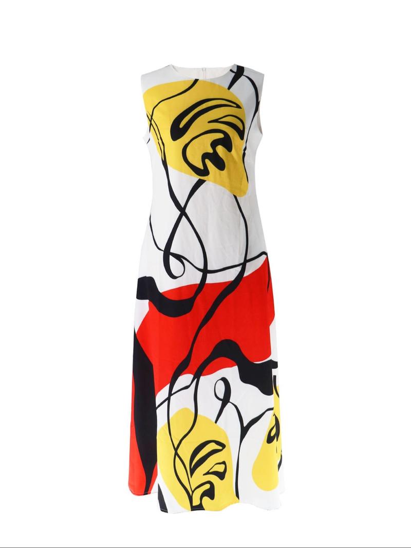Product Introduction of Women's All Over Print Zipper Round Neck Tank Dress, Casual Pocket Sleeveless Long Dress for Summer, Women's Clothing for Daily Wear 7