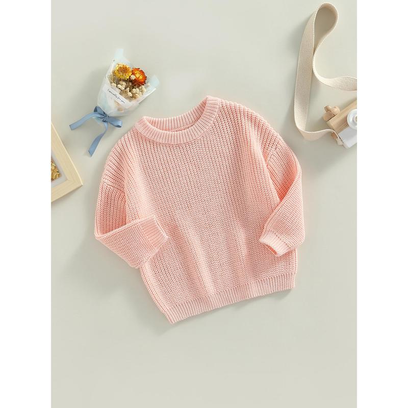 Toddler Baby Round Neck Sweaters, Long Sleeve Solid Color Loose Knitted Pullovers 4