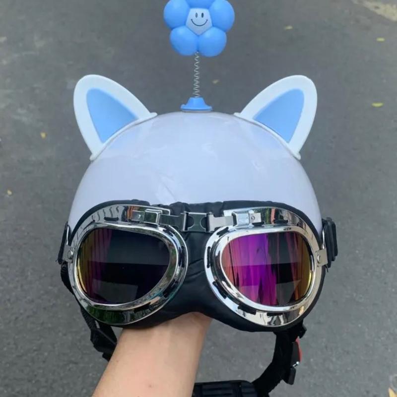 combo nón bảo hiểm và kính phi công tặng bông hoa và tai mèo