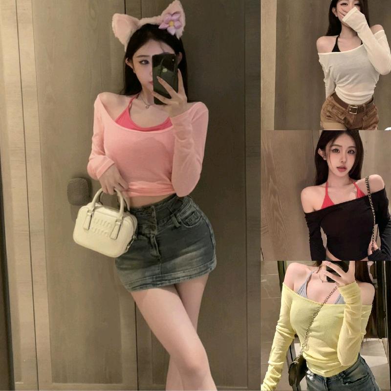   Croptop Set 2 Áo thun giấy xuyên thấu phối yếm dáng ôm cổ tròn tay dài A199 <55kg Women 