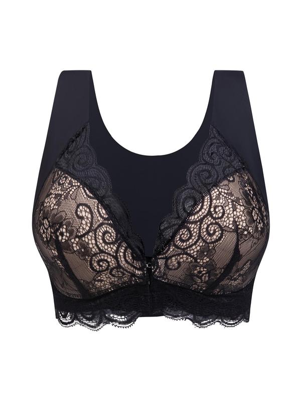 Women's Plain Contrast Lace Hook & Eye Closure Lingerie Top, Comfort Breathable Cozy Bra for Daily Wear, Lady Underwear for All Seasons, Womenswear 3