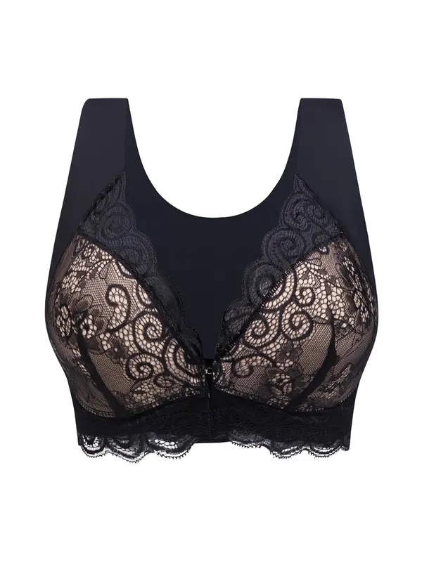 Women's Plain Contrast Lace Hook & Eye Closure Lingerie Top, Comfort Breathable Cozy Bra for Daily Wear, Lady Underwear for All Seasons, Womenswear 2