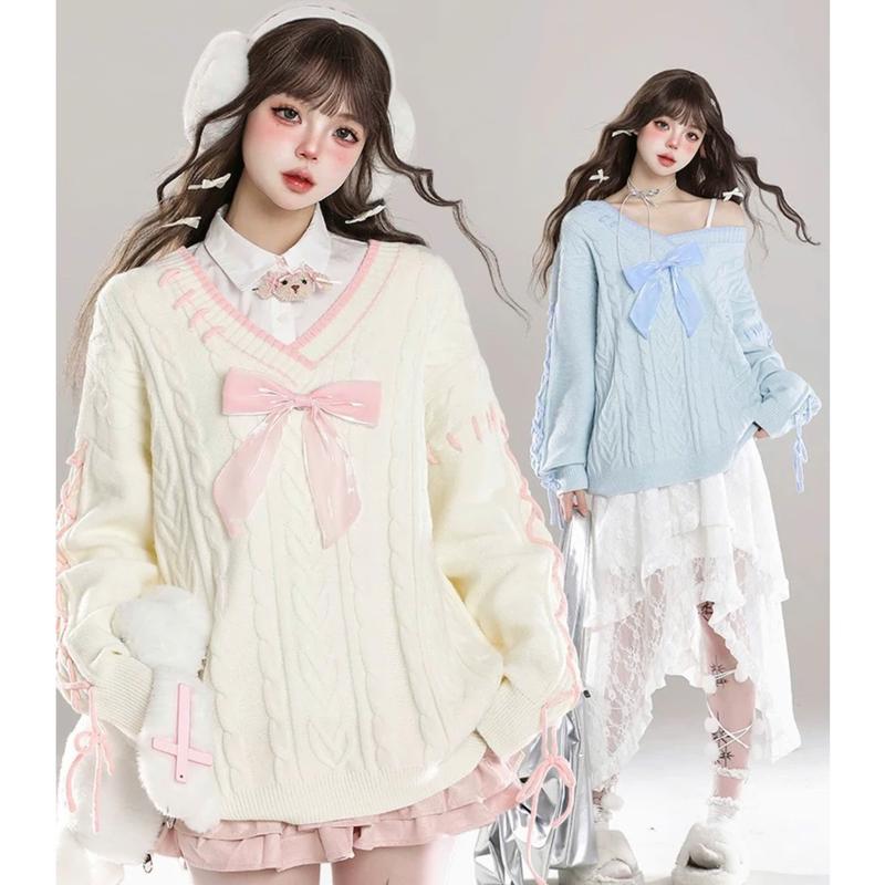 (KÈM NƠ) Áo len kiểu nữ Kozoda AL515 dáng sweater form rộng dài tay cổ tim 2 màu thu đông Hàn Quốc - Top, Women