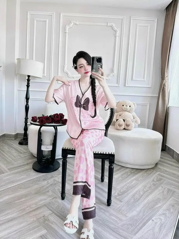 (40-76kg) Pijama Đồ bộ ngủ dành cho nữ cổ tròn tay ngắn quần cộc lụa xước ánh kim 40-76kg 5