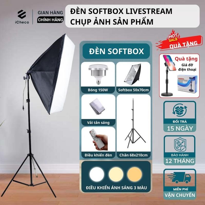  Đèn Trợ Sáng Livestream Mịn Quay Video Sáng Rõ Chụp Ảnh Sắc Nét Lên Màu Cực Chuẩn Softbox 50x70 iCheco SB02 
