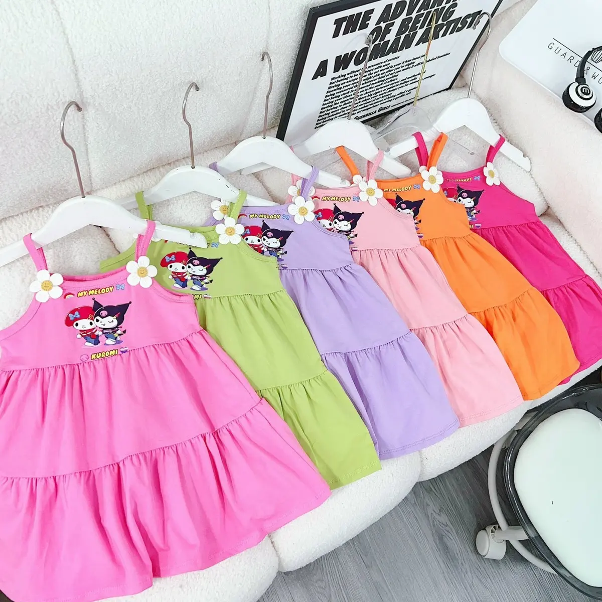 V0003 Váy 2 dây hình kuromi đính hoa 6 tone màu Cotton mát mẻ cho bé mặc hè
