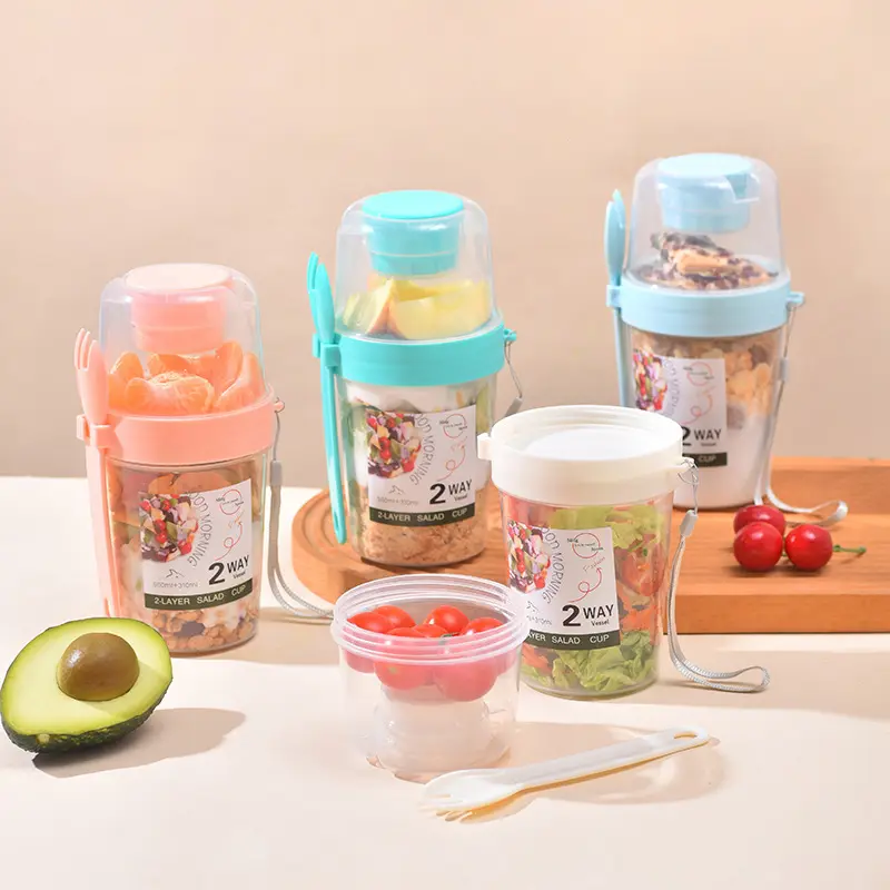 Bộ Hộp Đựng Cốc Salad, Cầm Tay, Hai Lớp, Thích Hợp Cho Yến Mạch, Ngũ Cốc, Các Loại Hạt Và Sữa Chua, Kèm Nĩa, Thích Hợp Cho Hộp Cơm Trưa Trường Học, Hộp Bảo Quản Thực Phẩm