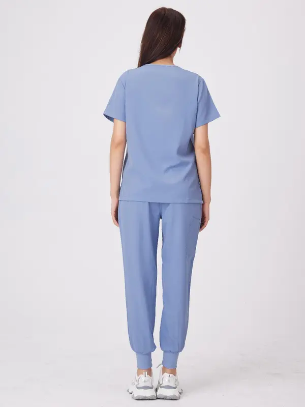 Women's Solid Color V Neck Pocket Top & Pants Workwear Set, Casual Comfy Breathable Two-piece Set for Daily Wear, Women's Workwear for All Seasons 5