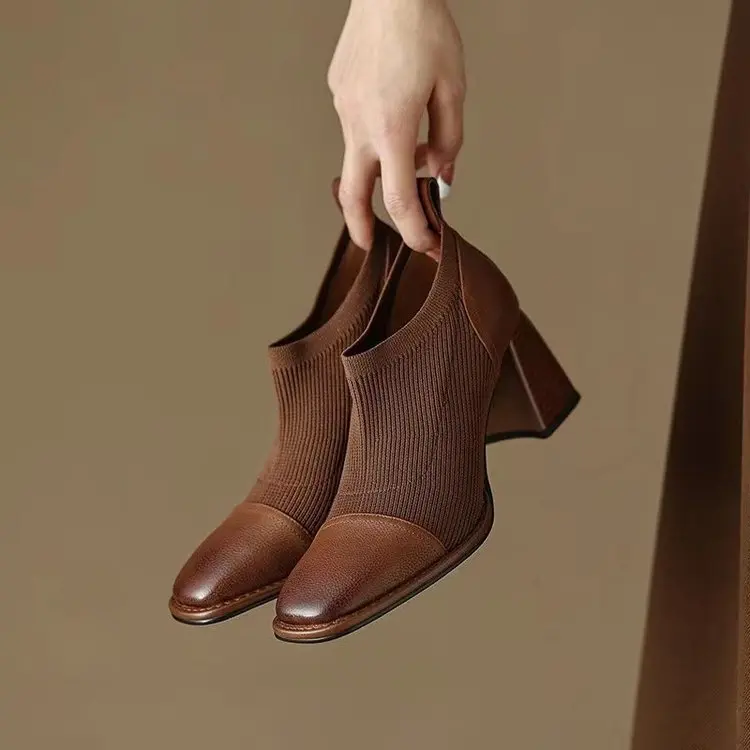 Giày Cao Gót Và Bốt Dưới Bằng Da Mềm Cho Nữ, Giày Cao Gót Mũi Vuông Retro Kiểu Pháp, Chunky, Cắt Sâu, Mới Hoa Shoes Đế Cao 3