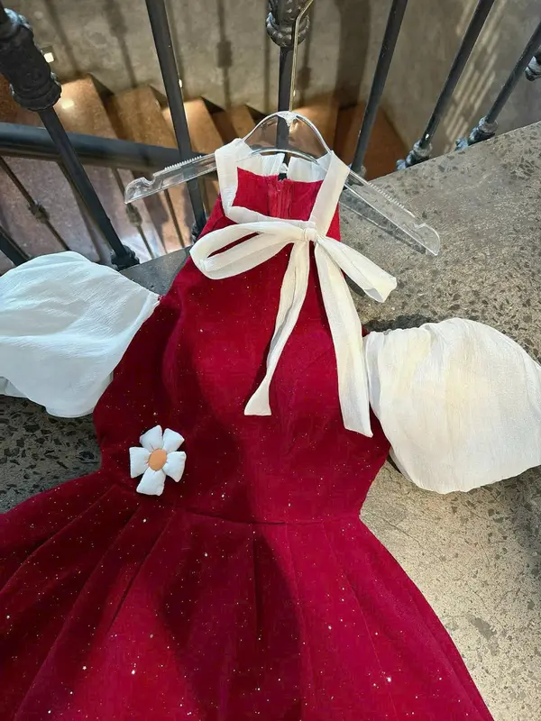 Đầm nữ nhung kim tuyến cổ yếm cột nơ phối tay tơ kiểu dáng xòe đính hoa xinh xắn dễ thương Women Dress 5