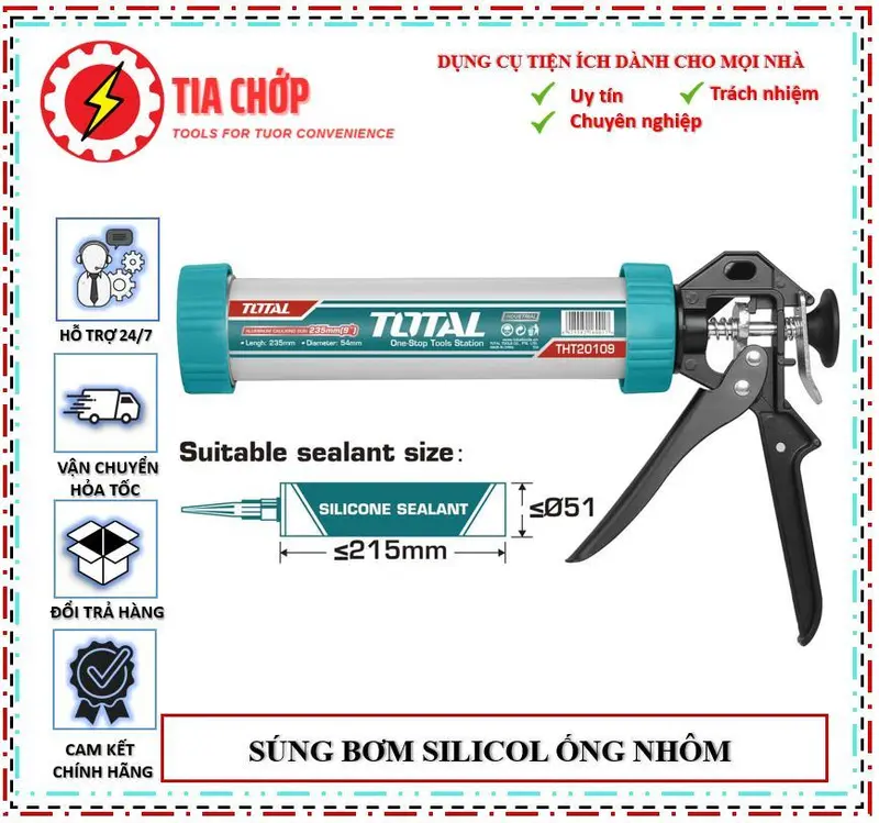 súnɡ bơm silicon TOTAL THT20109 súnɡ bắn silicon thân nhôm chiều dài 232mm, đường kính 51mm 0