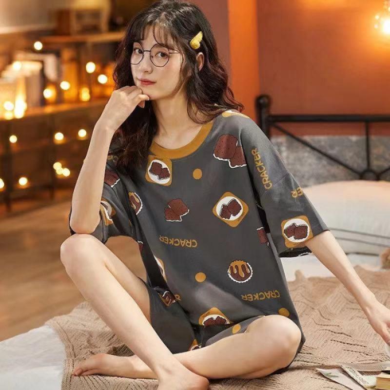 Product Introduction of Bộ Đồ Ngủ Nữ, Phong Cách Mùa Hè, Với Đệm Ngực Tích Hợp, Thiết Kế Hoạt Hình, Làm Bằng Cotton Nguyên Chất, Quần Áo Dễ Thương, Thích Hợp Mặc Nhà, Màu Bạc Nước, ngắn Tay Mỏng, Cổ Tròn Women Top 20