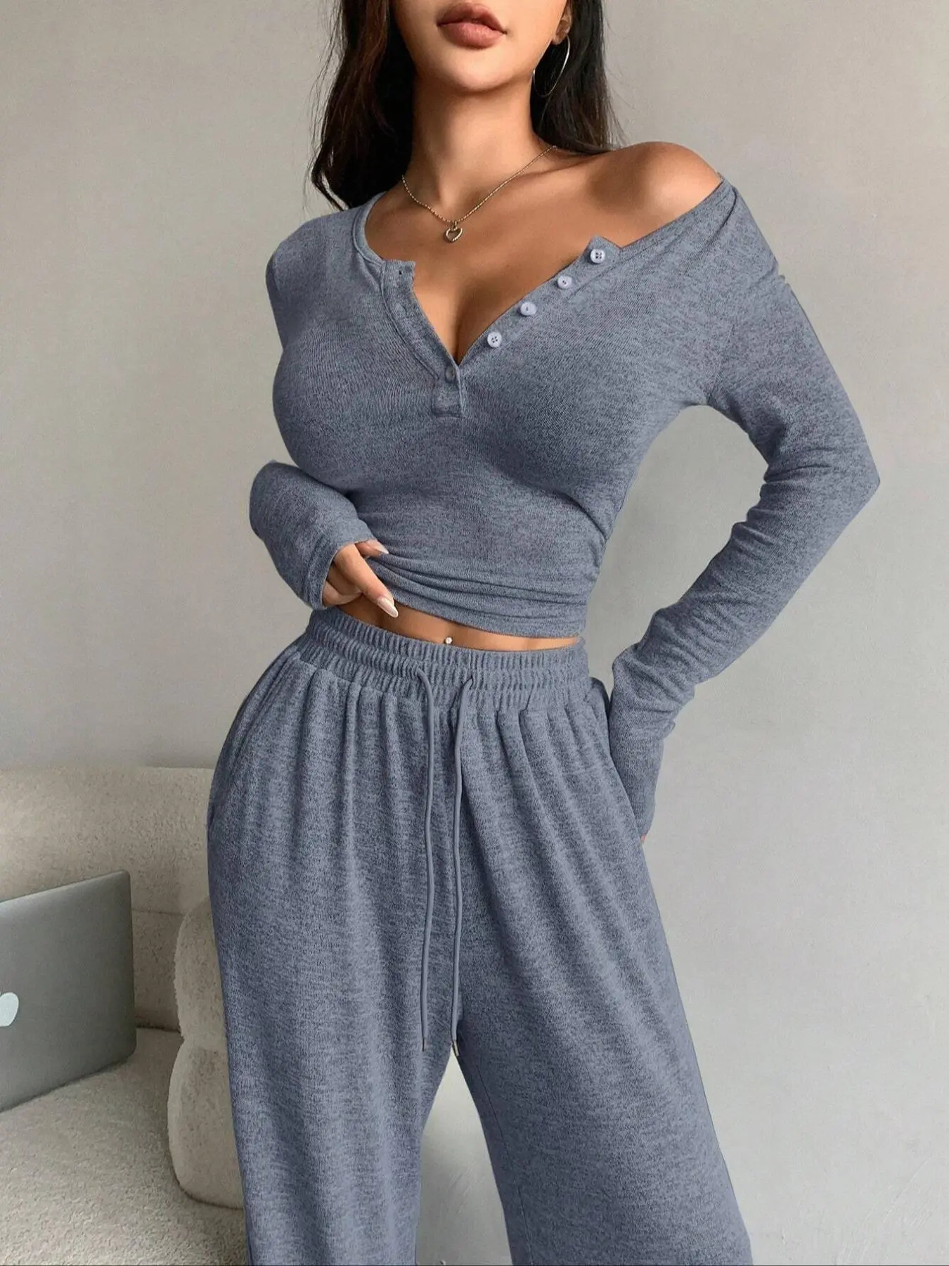 Women's Solid Button Crop  Top & Pants Two-piece Set, Casual Long Sleeve Top & Wide Leg Trousers for Daily Wear, Ladies Two-piece Outfits for All Seasons