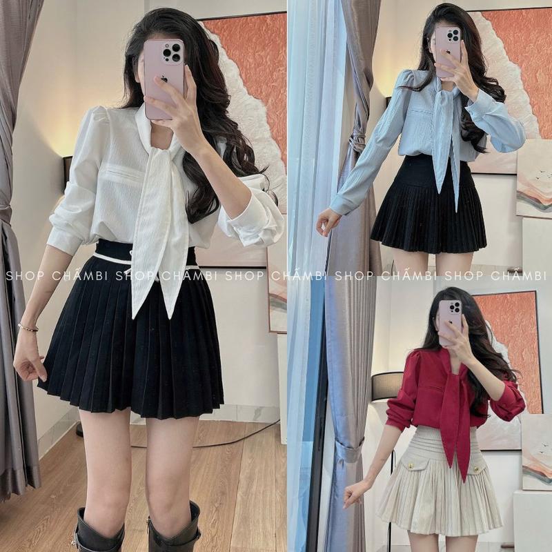 Áo sơ mi nữ A.682 Áo sơ mi dài tay cổ buộc nơ dáng suông phong cách thanh lịch nhẹ nhàng - Shop Chấm Bi