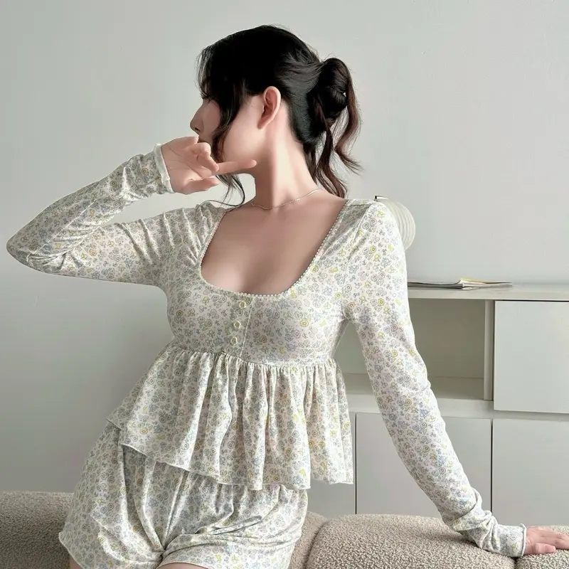 Xoè Set - Bộ đồ ngủ thun tay dài cổ vuông dễ thương baby doll Nữ 1