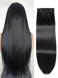Extensión de cabello recto de 24 pulgadas con clip, extensión de cabello negro natural para mujeres, extensiones de cabello sintéticas para fiestas y uso diario