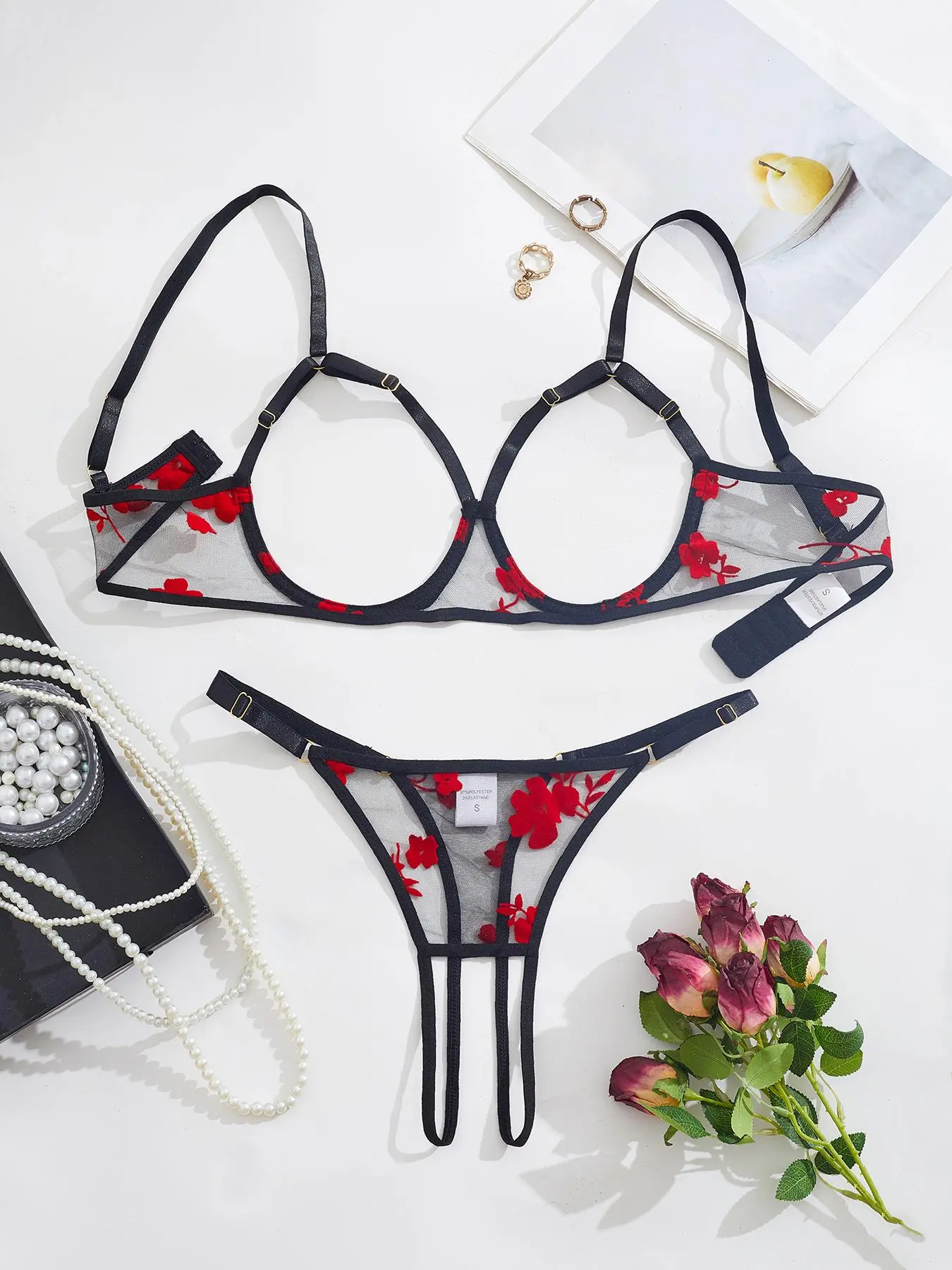 Women's Floral Print Sheer Mesh Sexy Lingerie Two-piece Set, Cut Out  Bra & Open Crotch Design Thong Set, Lingerie Set for Women