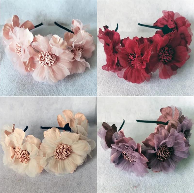 Product Introduction of New Solid Color Simulation Garland Bride Wedding Headwear Mesh Flower Headband Girls Headband Performance Hair Accessories 3