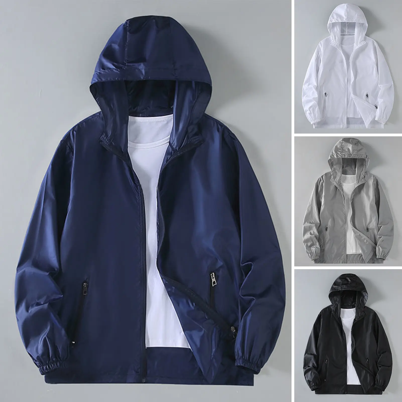 Honbata@Men Summer Sun Protection Coat Hooded Long Sleeve Zipper Placket Anti-UV Jacket with Pockets Solid Color Outdoor Ice Silk Outwear