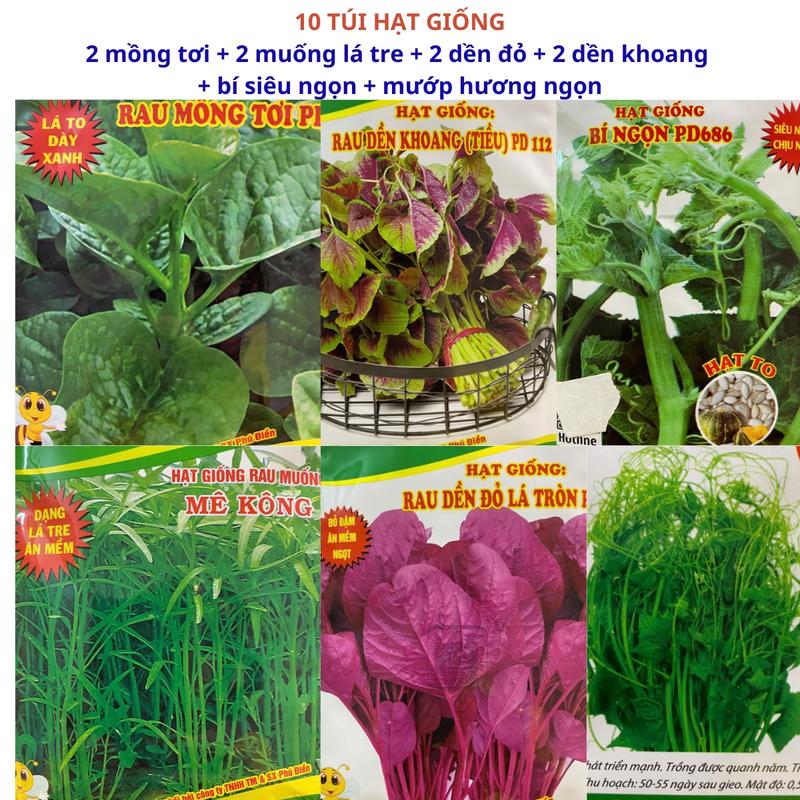 VIP 10 Túi Hạt giống gồm: 2 Dền đỏ + 2 Mồng Tơi + 2 Muống Lá Tre + 2 Dền Khoang + Bí Siêu Ngọn + Mướp Hương Ngọn