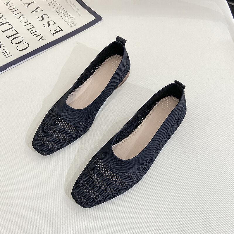 2021 Women New Knitted Hollow Breathable Square Toe Shallow Shoes Lady Knitting Flat Shoes 6