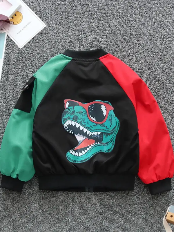 Boys Colorblock Dinosaur Print Pocket Zip Up Bomber Jacket, Casual Raglan Sleeve Mock Neck Outerwear for Fall & Winter, Kids Clothes for Daily Wear 2