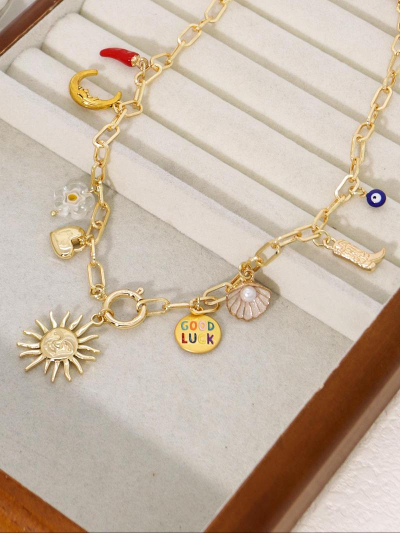 Product Introduction of Faux Pearl Decorated Pendant Necklace, Sun & Shell & Pepper & Heart Design Necklace for Women for Gift, Elegant All-match Fashion Accessories for Daily Wear 12