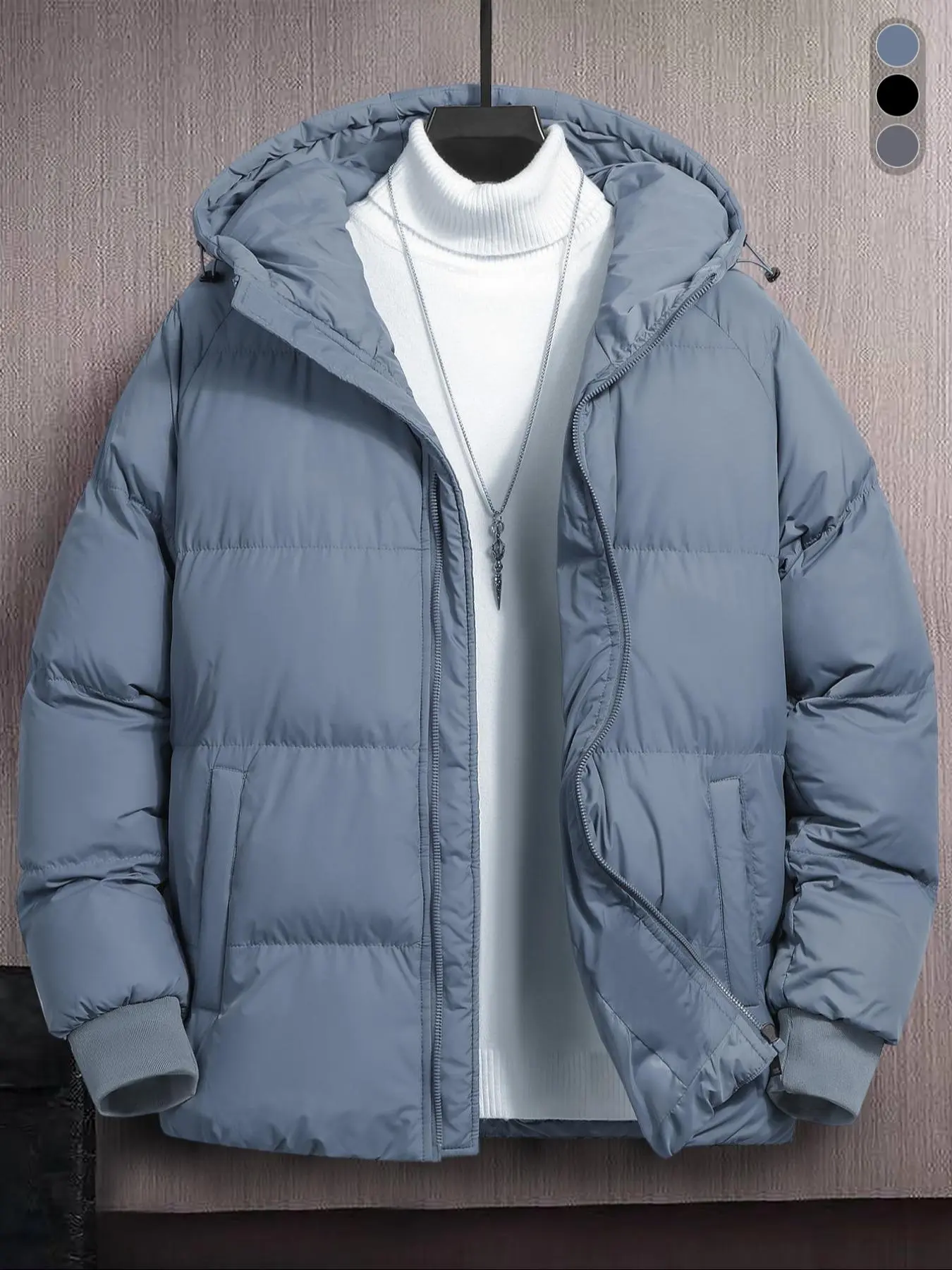 Men's Pocket Zipper Hooded Puffer Coat, Loose Solid Long Sleeve Thick Thermal Outwear for Daily Streetwear, Men's Clothing for Winter, Winter Coats